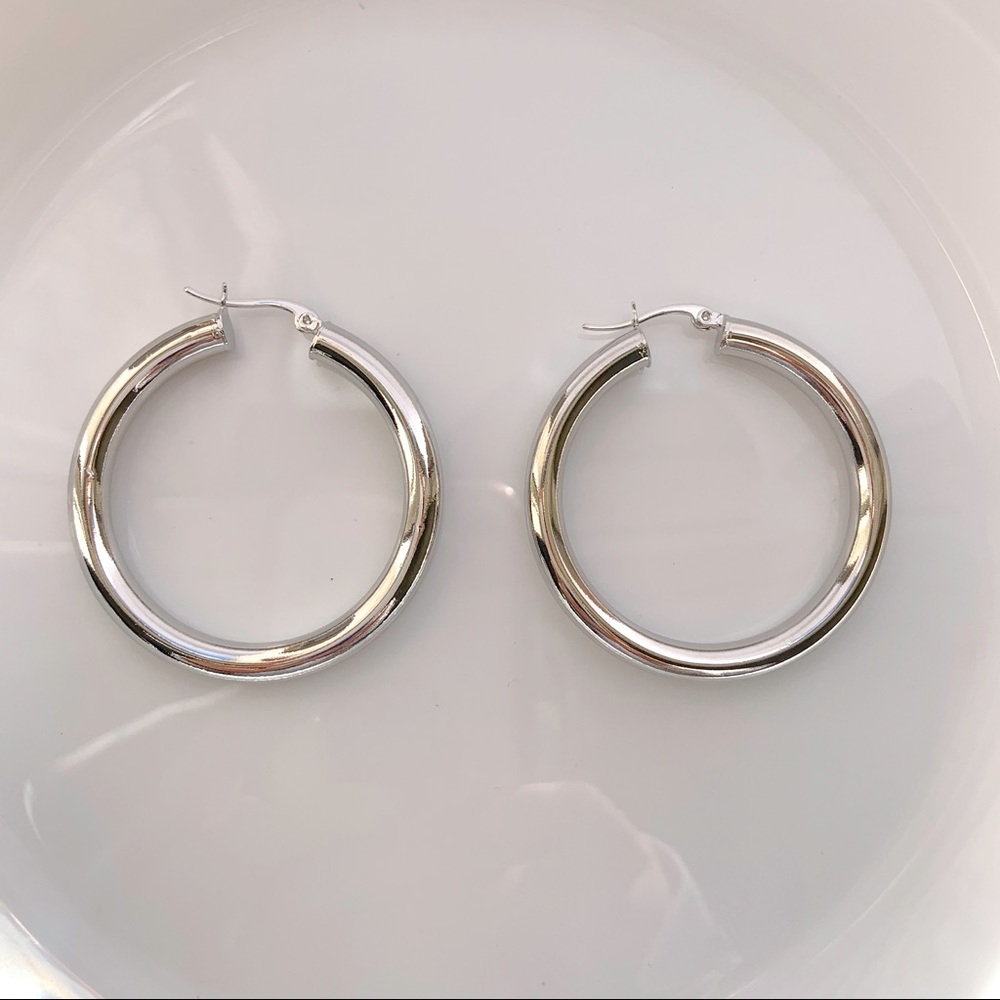 SILVER HOOP EARRINGS THICK TUBE HOOPS - Picture 1 of 5